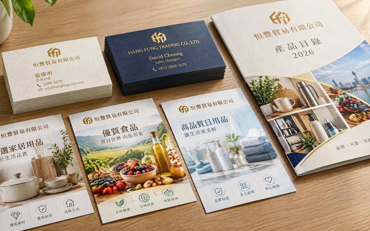 澳門商務印刷案例 - 恒豐貿易有限公司名片、產品目錄及推廣傳單印製成品
