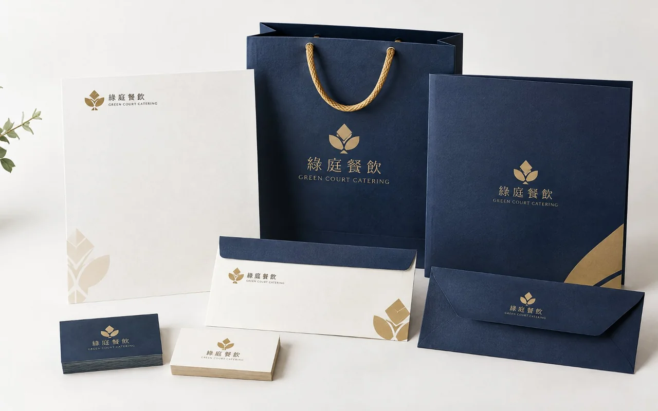 澳門品牌 VI 設計 - 綠庭餐飲名片信封紙袋整套視覺識別設計成品