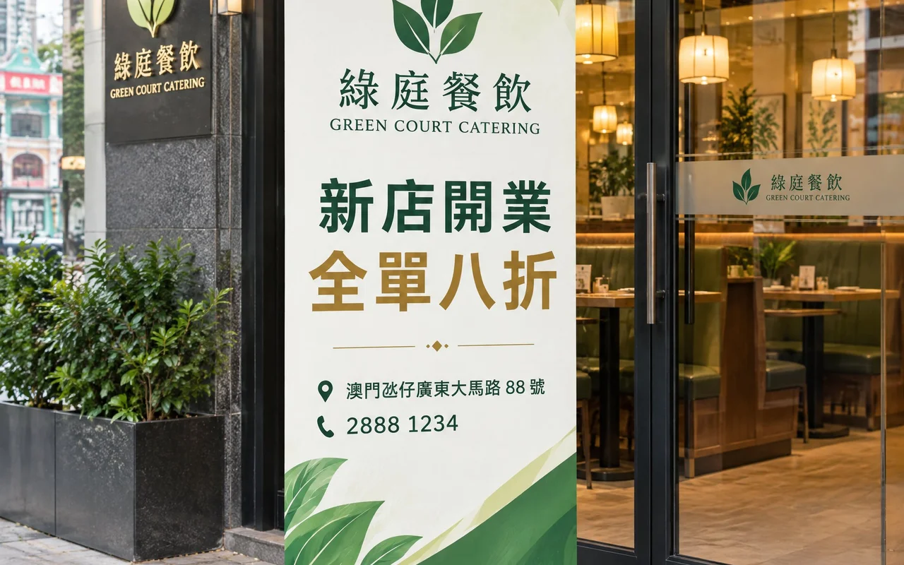 澳門易拉架排版示範 - 綠庭餐飲新店開業 Roll-up 展架大字留白排版門市實景