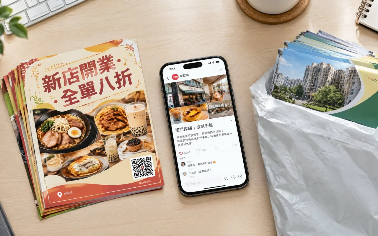 澳門開業宣傳單張印刷案例 - 新店開業全單八折傳單與社交平台探店推廣實景